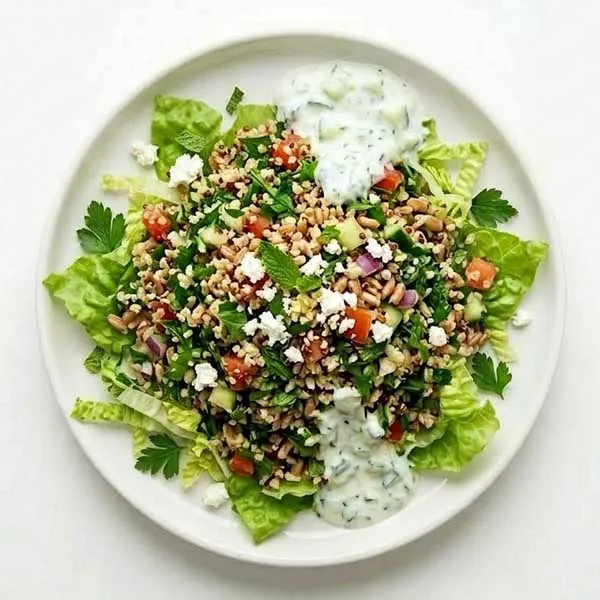Mediterranean three-grain tabbouleh with mixed herbs and crisp